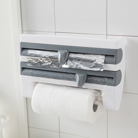 4-In-1 Kitchen Roll Holder Dispenser Kitchen Foil Film Wrap Tissue Paper 4 IN 1 Kitchen Roll Holder Dispenser $59.50 Dana Fashion Color: Brown Dana's Kitchen Overview: - Simple wall installation, screws and basic wall plugs included. - Dimensions: L 10 x