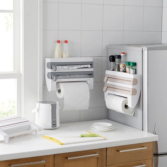 4-In-1 Kitchen Roll Holder Dispenser Kitchen Foil Film Wrap Tissue Paper 4 IN 1 Kitchen Roll Holder Dispenser $59.50 Dana Fashion Color: Brown Dana's Kitchen Overview: - Simple wall installation, screws and basic wall plugs included. - Dimensions: L 10 x
