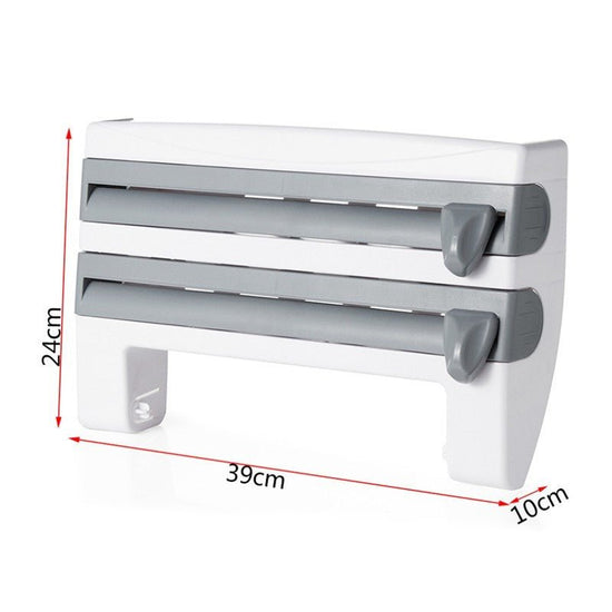 4-In-1 Kitchen Roll Holder Dispenser Kitchen Foil Film Wrap Tissue Paper 4 IN 1 Kitchen Roll Holder Dispenser $59.50 Dana Fashion Color: Brown Dana's Kitchen Overview: - Simple wall installation, screws and basic wall plugs included. - Dimensions: L 10 x