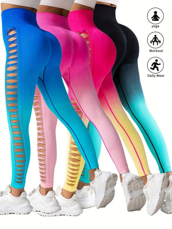 4 Pack Cut Out Ombre Gradient Color Hollow High-waist Butt-lifting Fitness Women's Yoga Pants, Women's High Waist Yoga Pants Cutout Ripped Super Soft And Comfortable Skinny Leggings $139.00 Dana Fashion Color: 4PACK4 Size: L Women's clothing Butt lift Leg