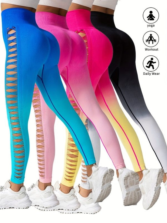 4 Pack Cut Out Ombre Gradient Color Hollow High-waist Butt-lifting Fitness Women's Yoga Pants, Women's High Waist Yoga Pants Cutout Ripped Super Soft And Comfortable Skinny Leggings $139.00 Dana Fashion Color: 4PACK10 Size: L Women's clothing Butt lift Le