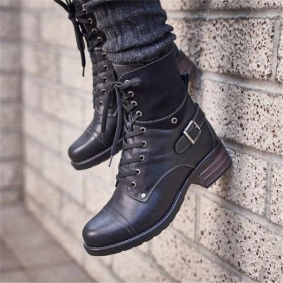 Casual Low-Heeled Round Toe Cross Lace-Up Ankle Boots
