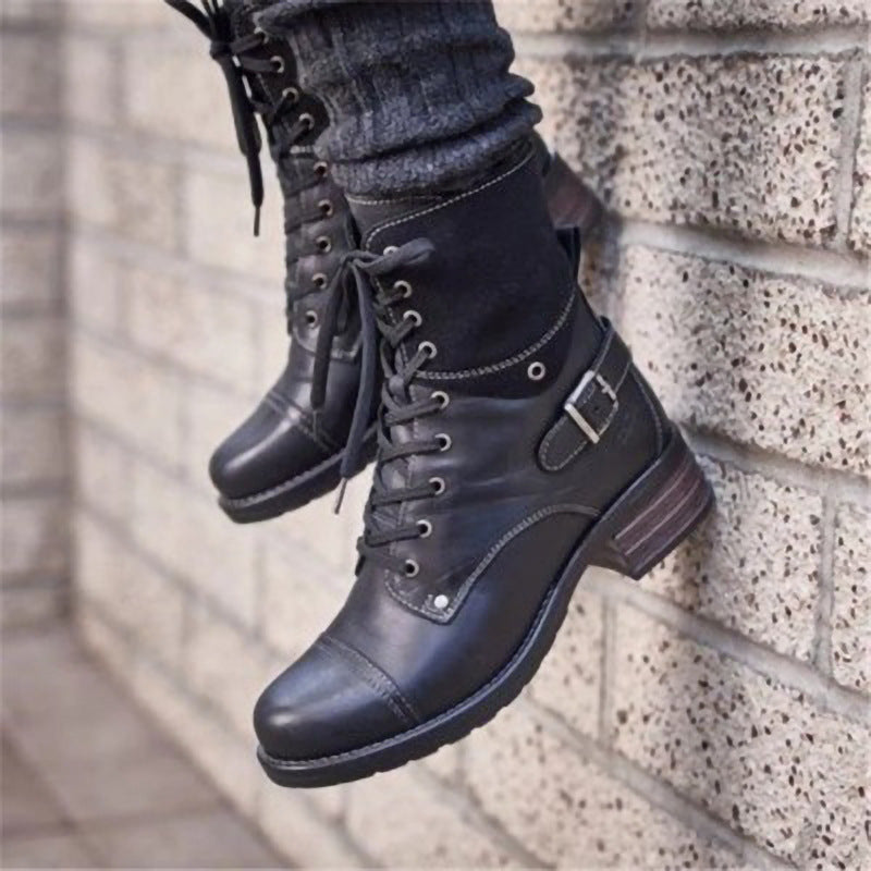 Casual Low-Heeled Round Toe Cross Lace-Up Ankle Boots