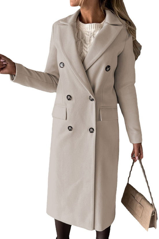 Double Breasted Lapel Coat Winter Fashion Solid Slim Long Jacket Long Sleeve Tops Womens Clothing