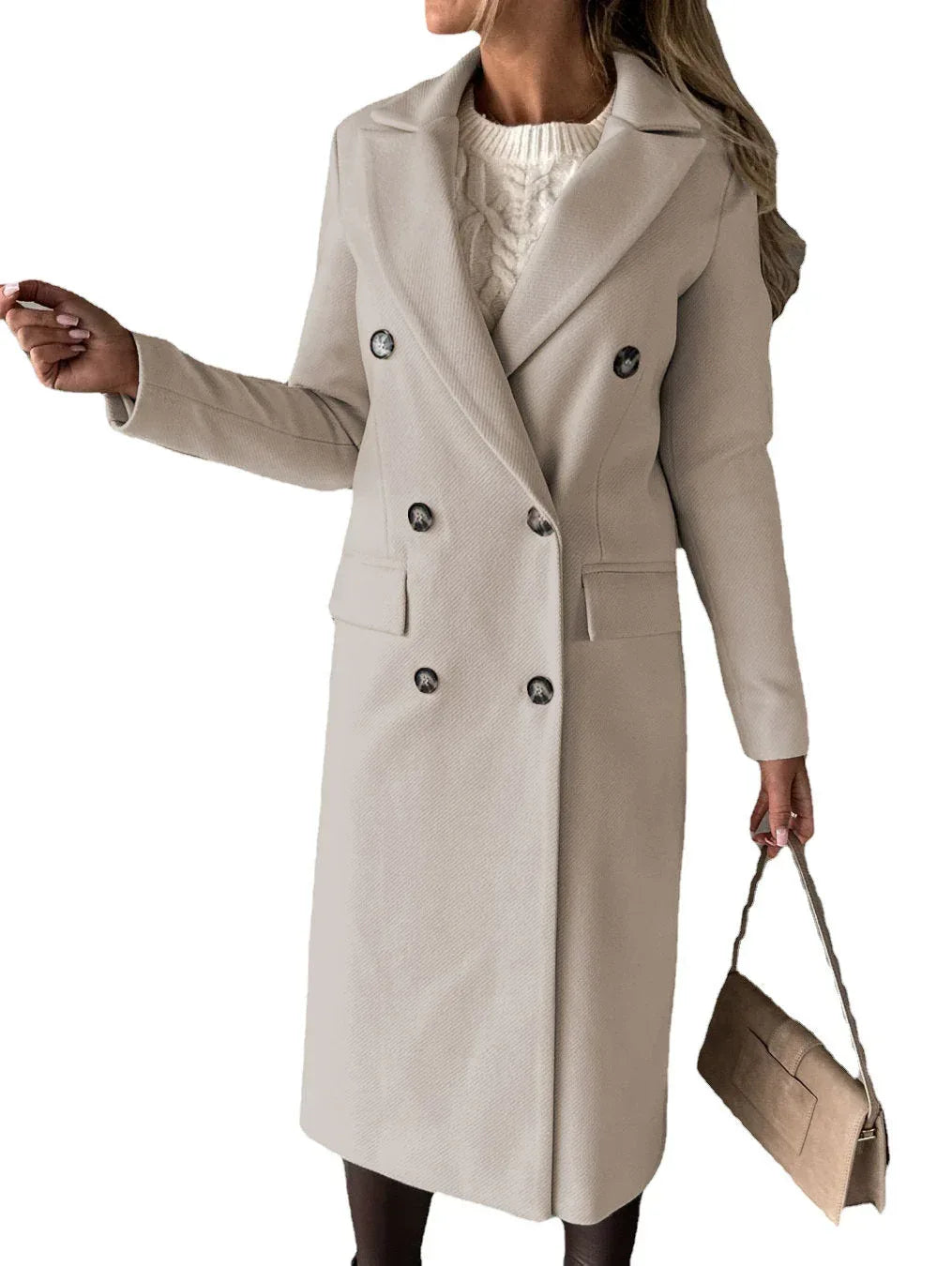 Double Breasted Lapel Coat Winter Fashion Solid Slim Long Jacket Long Sleeve Tops Womens Clothing - DanaFashionstore
