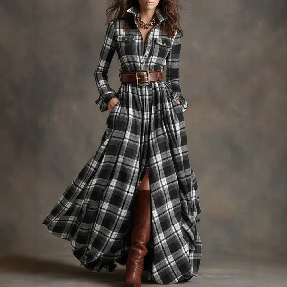 Ins Plaid Print Long-Sleeved Dress Fashion Pockets Collared Buttons Shirt Long Dresses Retro Women's Clothing - DanaFashionstore