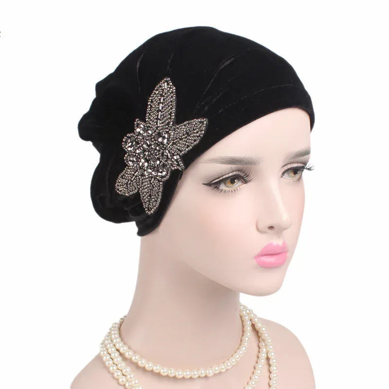 Beaded Flower Accessories Turban Hat Velvet Pleated Hood - DanaFashionstore