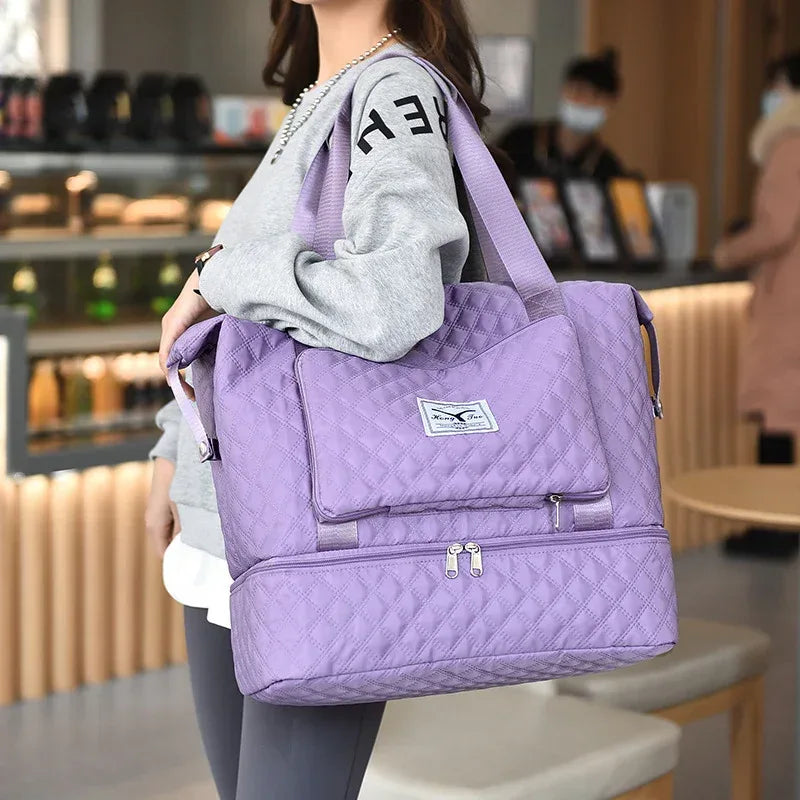 Foldable Travel Duffle Bag With Rhombus Sewing Design Large Capacity Fitness Handbag Portable Versatile Shoulder Bags Expandable Organizer - DanaFashionstore