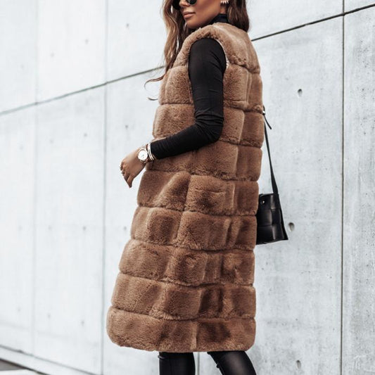 Long round neck fur vest jacket