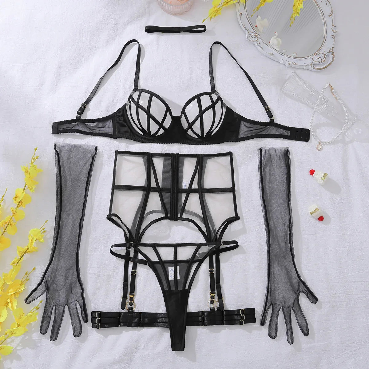 Summer Transparent Mesh Body Shaping Split Adjustment Type Sexy Lingerie Set - DanaFashionstore