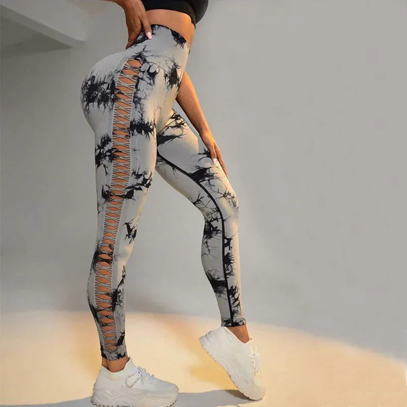 Hollow Tie Dye Printed Yoga Pants High Waist Butt Lift Seamless Sports Gym Fitness Leggings Slim Pants For Women Tight Trousers - DanaFashionstore