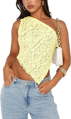 Ins Lace Backless Top Summer Solid Color Waistless Asymmetrical Sloped Neck Vest Streetwear Womens Clothes - DanaFashionstore