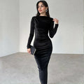 Solid Color Pleated Round-Neck Dress 2026 - Slim Long-Sleeved Dress - DanaFashionstore
