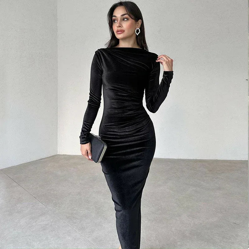 Solid Color Pleated Round-Neck Dress 2026 - Slim Long-Sleeved Dress - DanaFashionstore