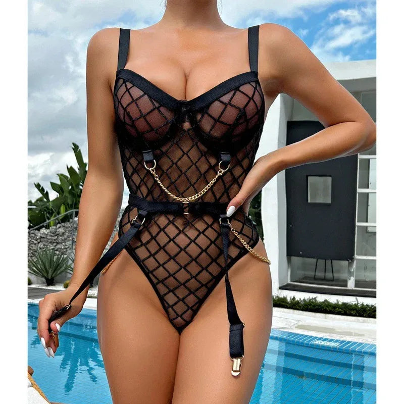 Mesh See-through Underwear Metal Chain Set - DanaFashionstore