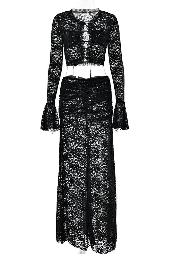 Lace See-through Sexy Lace-up High Waist Skirt Suit Two-piece Set