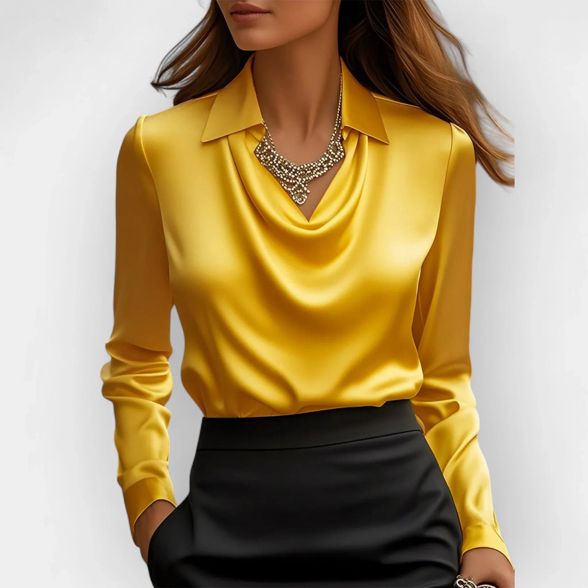 Women's Swing Collar Draped Shirts & Blouses Elegant Solid Satin Office Ladies Top Pullover Spring Long Sleeve Casual Tops - DanaFashionstore