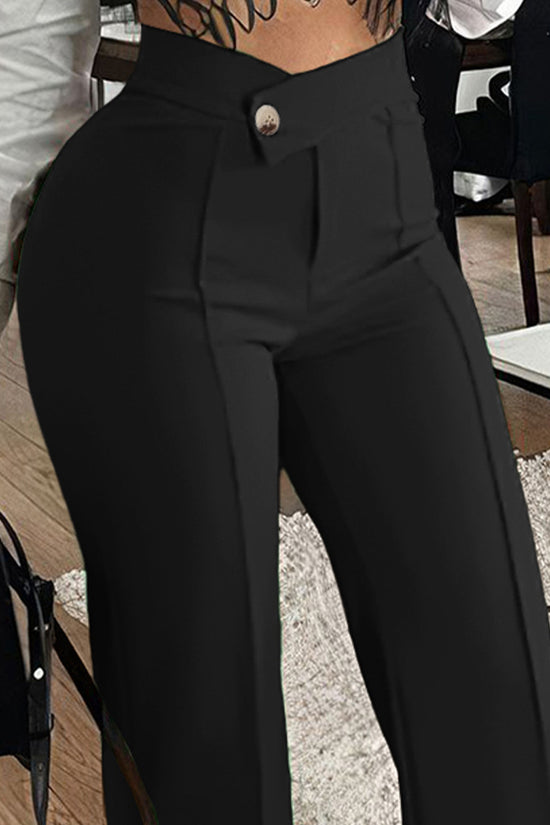 Slim Straight-leg Pants With Buckle Fashion Solid Color Trousers For Womens Clothing