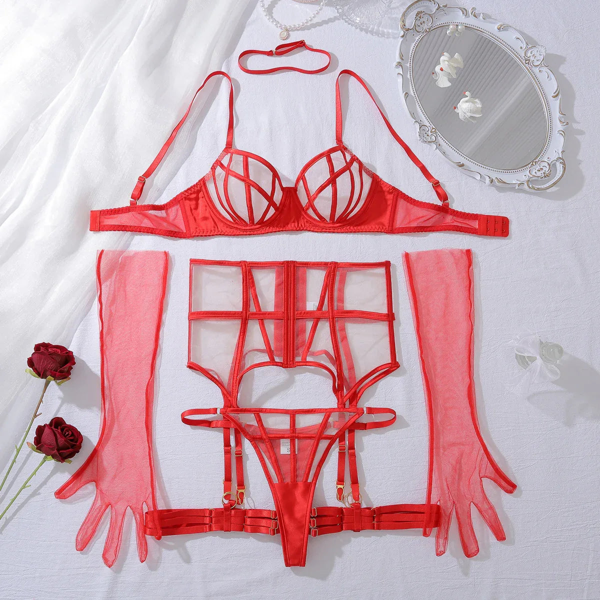 Summer Transparent Mesh Body Shaping Split Adjustment Type Sexy Lingerie Set - DanaFashionstore