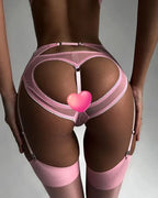 Pink Breast-exposed Hip Sexy Lingerie Three-piece Set New Hollow-out Beautiful Style Hip-exposed Hot - DanaFashionstore