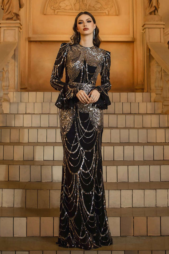 Long Sleeve Round Neck Slim-fit Sheath Sequined Banquet Fishtail Evening Dress $132.98 Dana Fashion Color: Black And Silver Size: L Women's clothing Product information: Pattern: solid color Skirt type: hip skirt Color: Black Silver Waist type: high waist