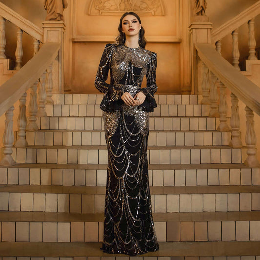 Long Sleeve Round Neck Slim-fit Sheath Sequined Banquet Fishtail Evening Dress $132.98 Dana Fashion Color: Black And Silver Size: L Women's clothing Product information: Pattern: solid color Skirt type: hip skirt Color: Black Silver Waist type: high waist