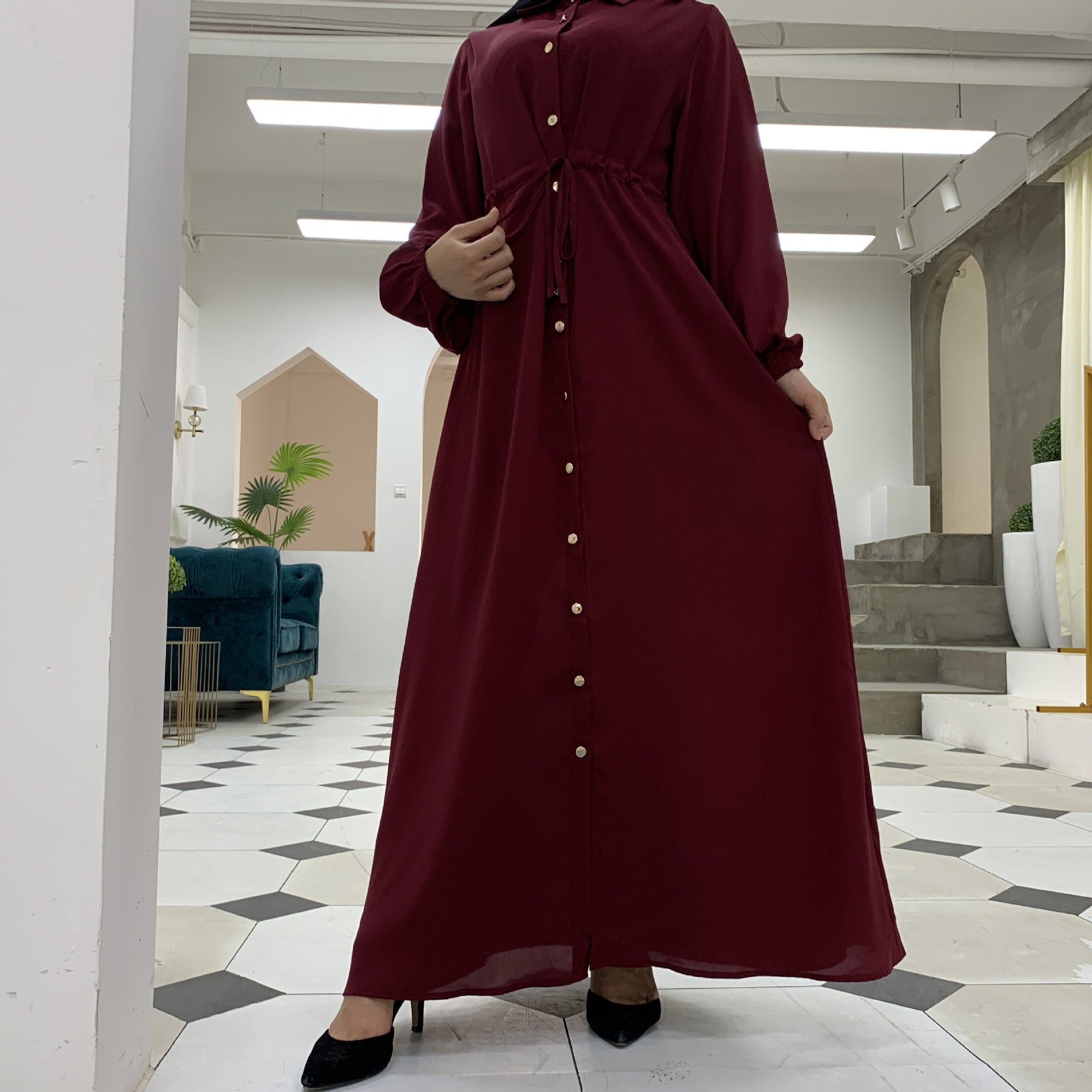 Collared Cardigan, Full-button Fitted Long Dress