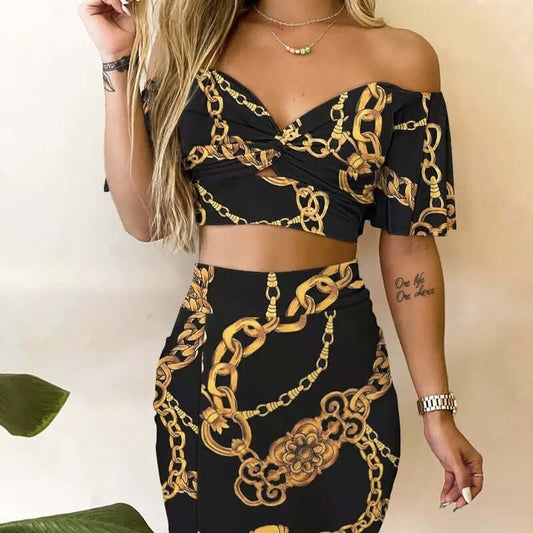 Women's Chain Low Neck Open Belly Half Skirt Set $65.99 Dana Fashion Colour: MU Size: L Women's clothing Quantity per package: 1 piece Sleeve Length:Short Sleeveless Season: summertime Style: casual Shape: fit Stretch: lightweight Care instructions: not d
