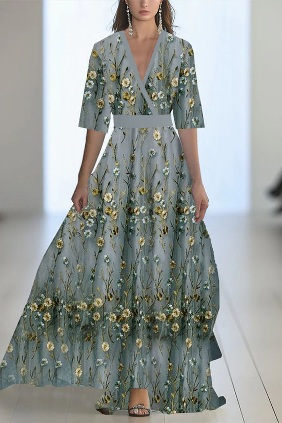 Printed Long Sleeved V-neck Patchwork Dress