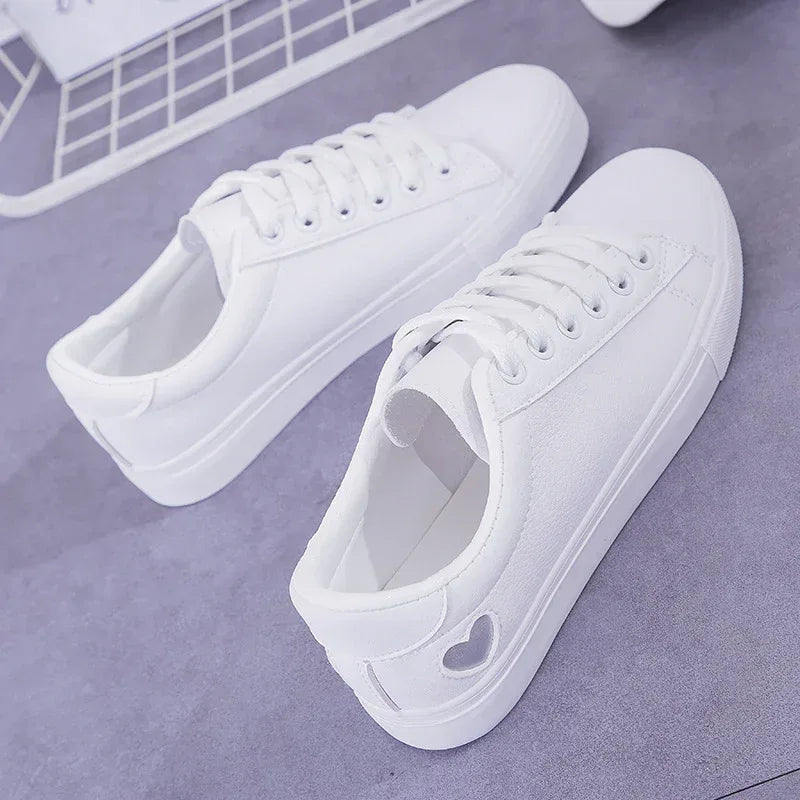 Fashion New Woman PU Leather Shoes Ladies Breathable Cute Heart Flats Casual Shoes White Sneakers - DanaFashionstore