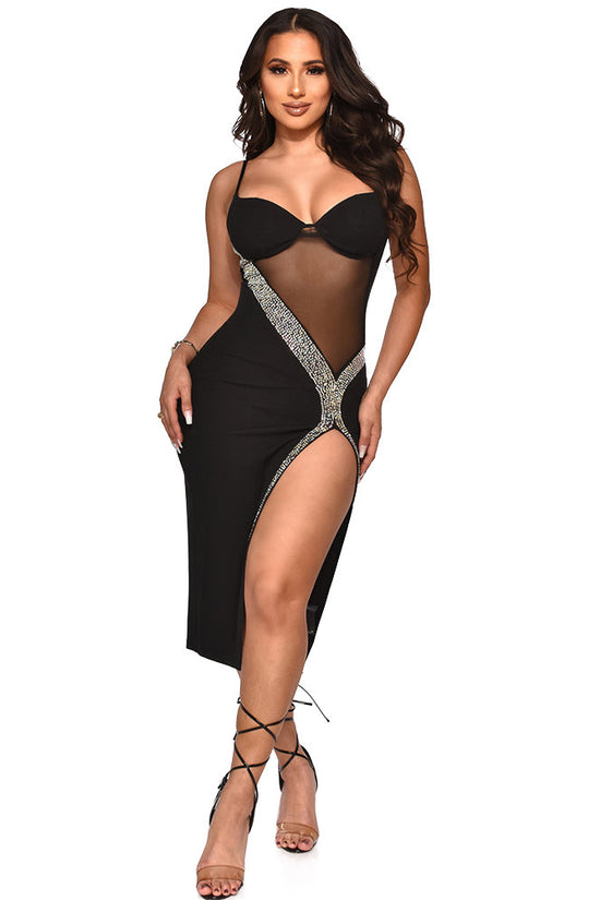 Women's Fashion Suspenders Rhinestone Split Dress