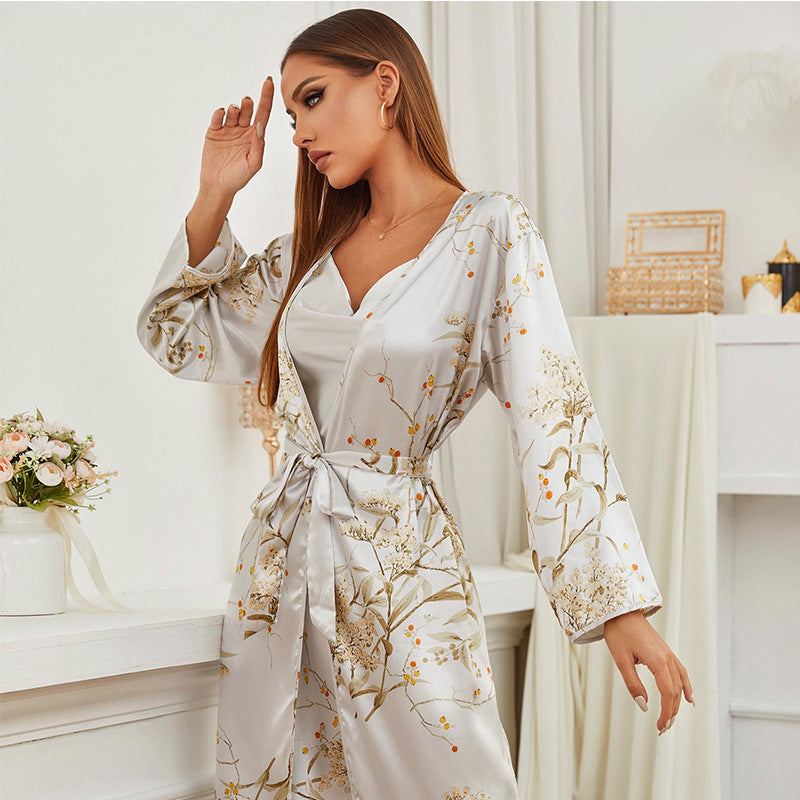 Women's Thin Mid-Length Lace-Up Nightgown Nightdress Two Piece Set - Dana Fashion
