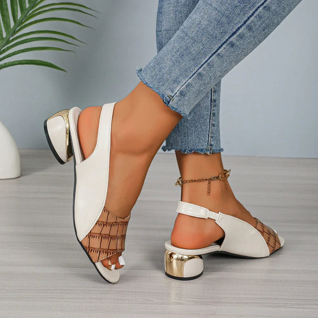 Ins Plaid Stone Pattern Sandals Summer Peep Toe Block Heels Ankle-strap Office Shoes For Women - DanaFashionstore