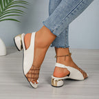 Ins Plaid Stone Pattern Sandals Summer Peep Toe Block Heels Ankle-strap Office Shoes For Women - DanaFashionstore