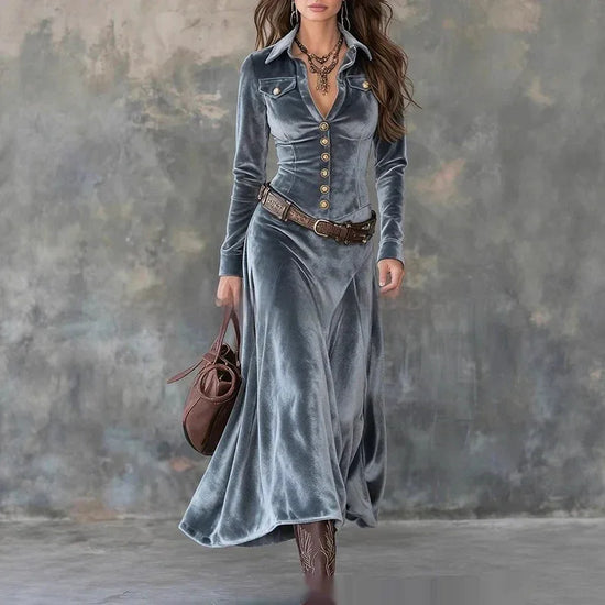 Women's Retro Elegant Long-Sleeve Dress With Metal Buttons - DanaFashionstore
