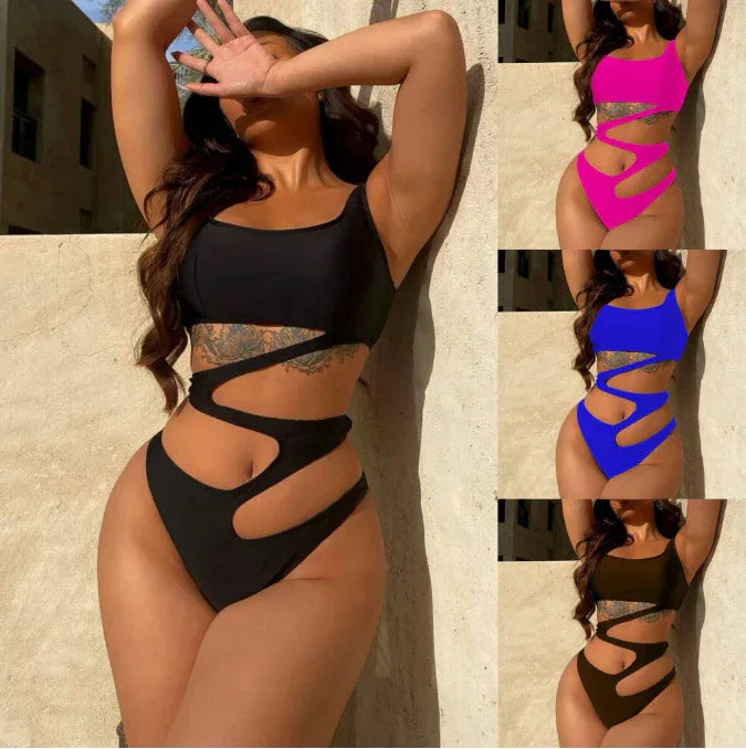 Sexy One-piece Bikini Solid Color Hollow-out Swimsuit Cross-border Foreign Trade - DanaFashionstore