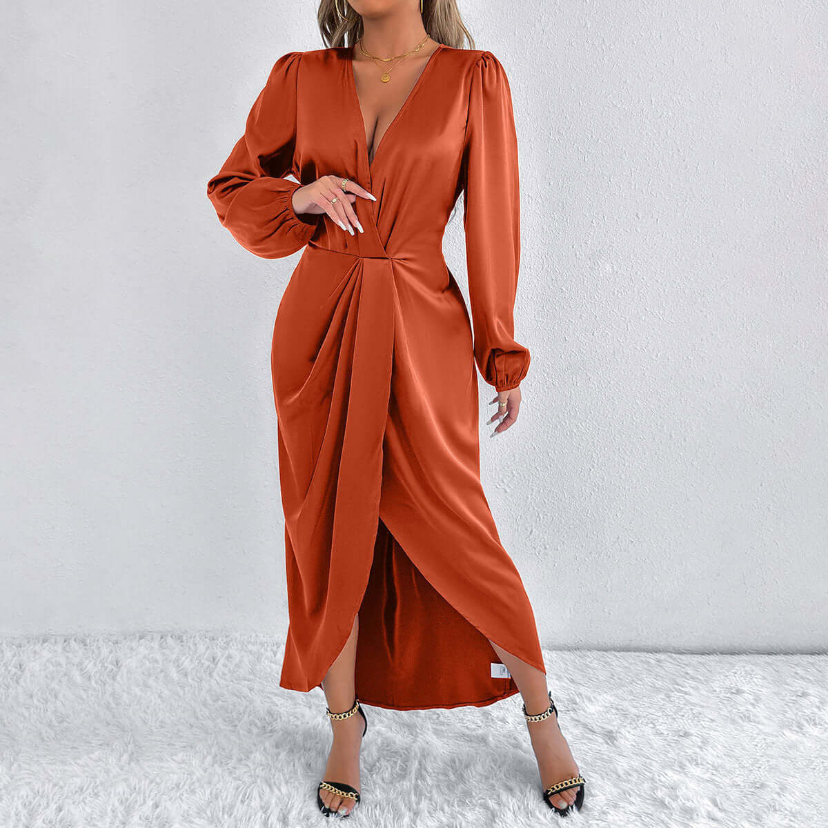 Satin European And American Style Dress High-grade $47.06 Dana Fashion Color: Army Green Size: L Women's clothing Product information: Color: khaki, Brown, Army Green, Rose Red, green, orange, pink, blue Waist type: high waist Size: XS,S,M,L,XL,XXL Sleeve