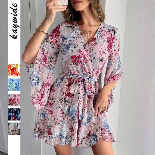 European And American Leisure Simple Style Floral Lace-up Skirt Dress $49.50 Dana Fashion Color: Black Size: L Women's clothing Product information: Pattern: plants and flowers Skirt type: A- line skirt Color: black, blue, green, orange, pink Waist type:
