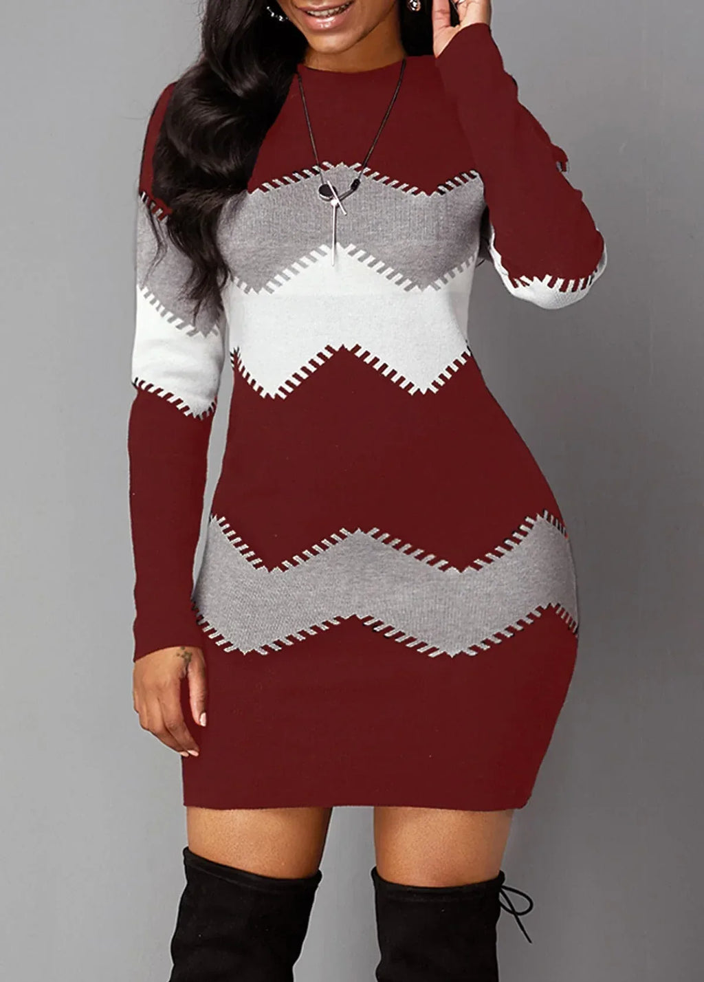 Mid-length Round Neck Long-sleeved Knit Bag Hip Bottoming Dress - DanaFashionstore