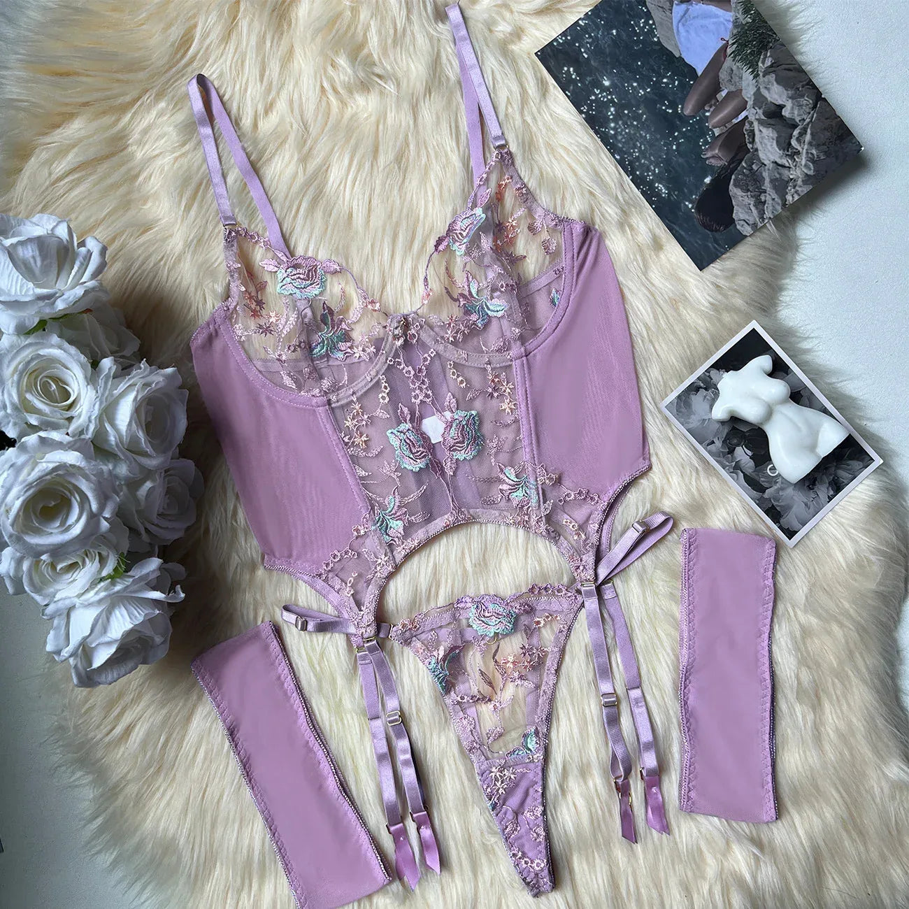 Three-point European And American Style Underwear Mesh Embroidery See-through Suit - DanaFashionstore
