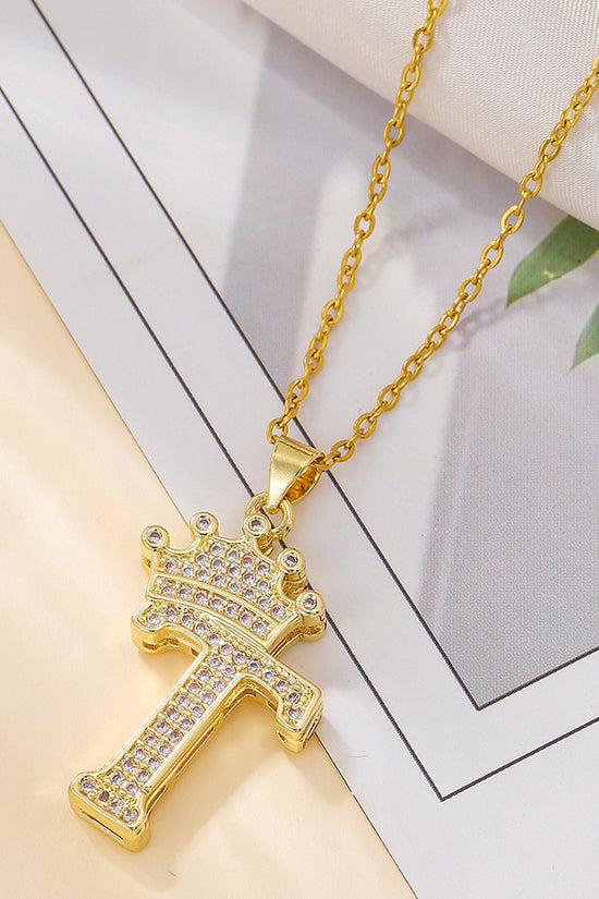 1PCS Fashionable Gold Diamond Crown Uppercase Letter Popular Pendant Necklace Suitable For Daily Use Festivals Parties Gifts Jewelry Set
