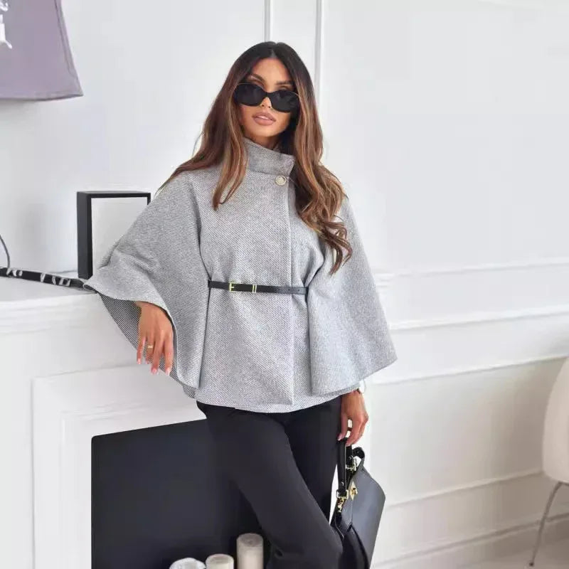 New Stand Collar Batwing Sleeves Cloak Top With Belt Ins Fashion Temperament Jacket Woolen Sweater Outwear For Women Clothing - DanaFashionstore