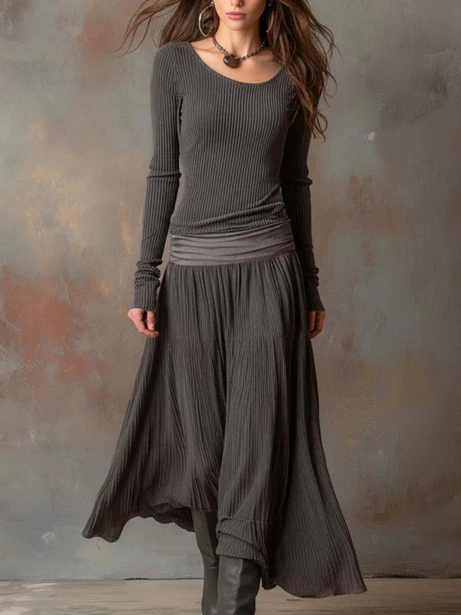 Retro Ribbed Long Dress Long Sleeve Round Neck A-line Skirt - DanaFashionstore
