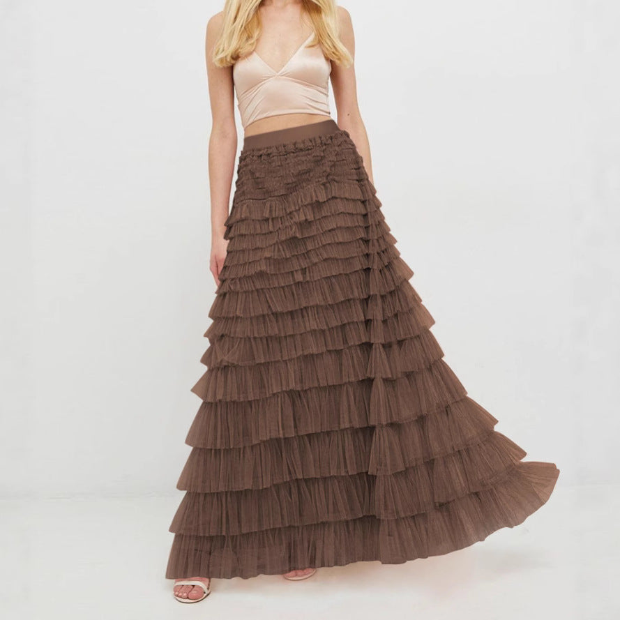Layered Ruffles Cake Skirt Summer Fashion A Line Swing Mesh Long Skirt Party Dress Women