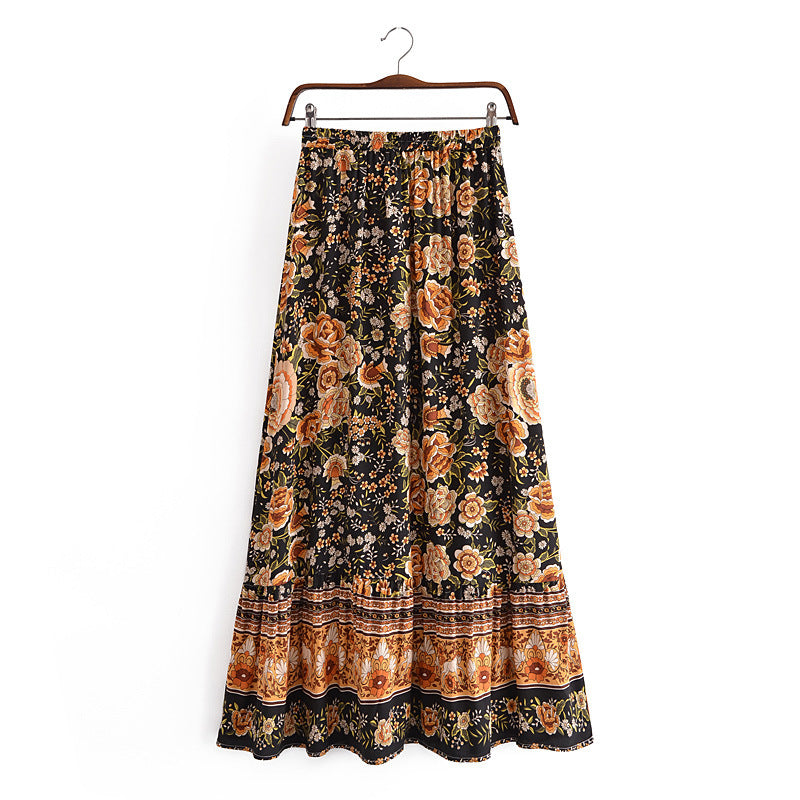 Women's Printed Positioning Flower Tassel Elastic Waist Skirt - Dana Fashion