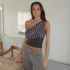 Polka Dots Print Oblique Shoulder Tops Summer Patchwork Chiffon Crop Top Women Sexy Sleeveless Lace Up Backless Blouse Casual Streetwear Tee - DanaFashionstore