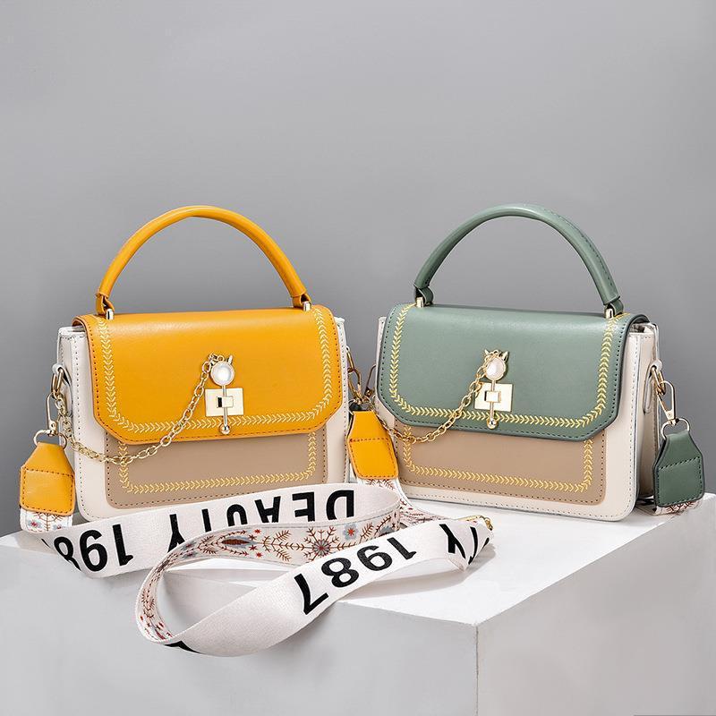 Wide Shoulder Strap Embroidery Thread Contrast Color Large Capacity Shoulder Bag - Dana Fashion