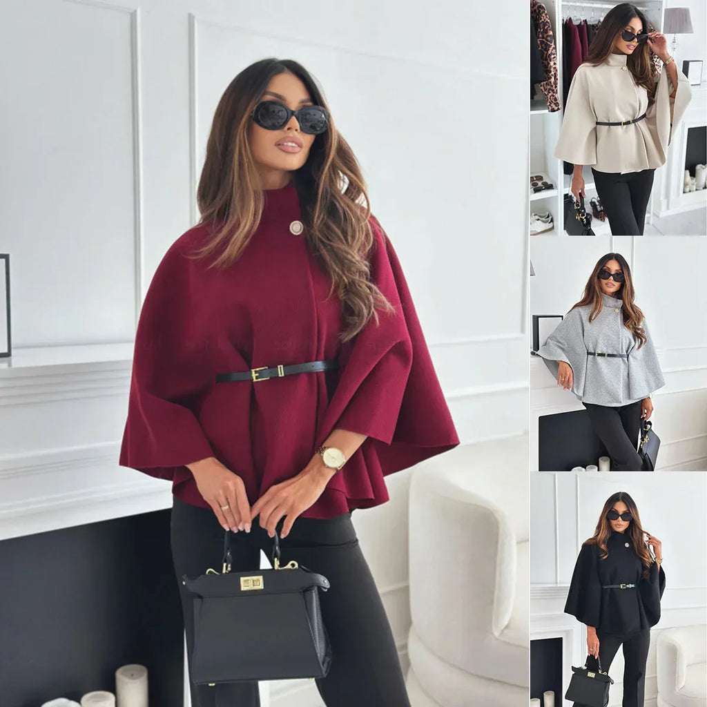 New Stand Collar Batwing Sleeves Cloak Top With Belt Ins Fashion Temperament Jacket Woolen Sweater Outwear For Women Clothing - DanaFashionstore