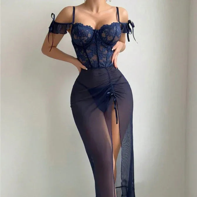 Navy Blue Sexy Lingerie Set Long Dress Split - DanaFashionstore