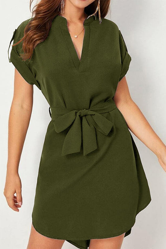 V-neck Short Sleeve Dress With Belt Summer Fashion Bowknot Dresses For Women Clothing
